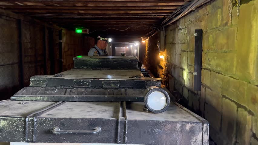 West virginia - 7.5.2024 - a coal miner rides at the head of a mine train in west virginia.