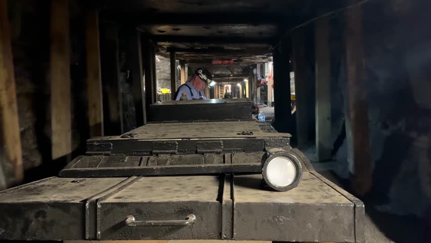 West virginia - 7.5.2024 - a coal miner rides at the head of a mine train in west virginia as it passes through several shafts.