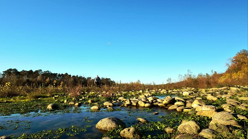 explorer along the stream in the natural park