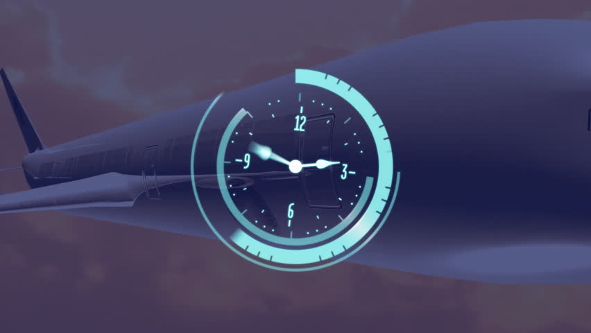 Clock animation over airplane in flight. Travel, aviation, time, scheduling, journey, sky - Powered by Shutterstock - Get 15% off with code: PIKWIZARD15