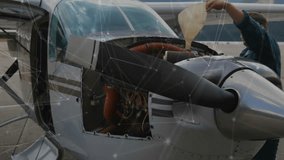 Pouring fuel into airplane, person working over network connections animation. Aviation, fueling, aircraft, maintenance, networking, technology - Powered by Shutterstock - Get 15% off with code: PIKWIZARD15