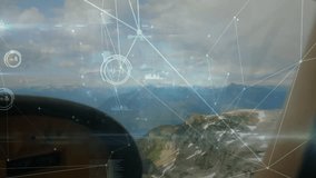 Airplane cockpit with navigation data processing animation over landscape. Aviation, technology, controls, instruments, display, aerospace - Powered by Shutterstock - Get 15% off with code: PIKWIZARD15