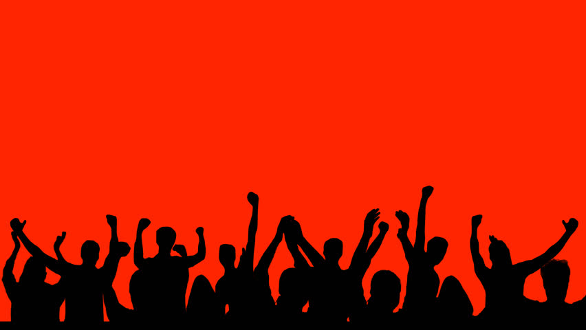 Silhouette Animation of Large Crowd of People Having Fun, Cheering, Clapping and Partying. Silhouette Over Red Sails.