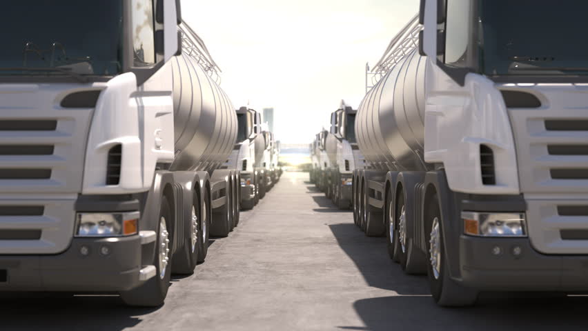 Oil Truck tank on the factory industry  stand in the parking lot of the oil depot, waiting to be filled and delivered to the gas station. 3D animation.