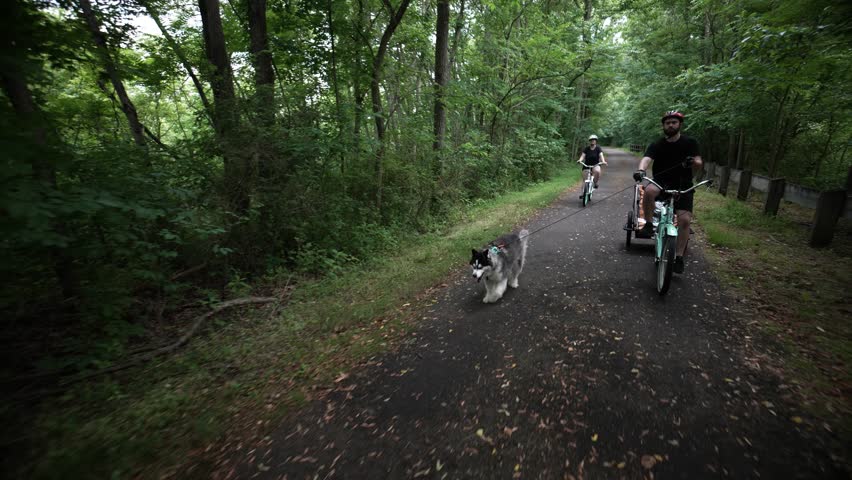 Front view of man on bicycle on paved biking trail with Husky dog on a leash beside him and woman behind.
