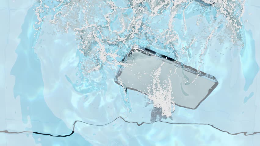 3d mobile phone falls into water with bubble, water splash isolated on blue background. cell phone damaged, 3d illustration render, top view