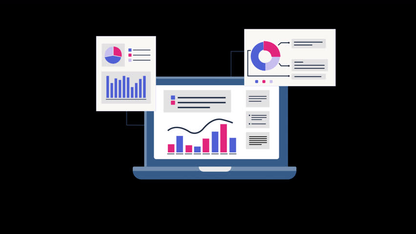 Animated Graphs Information Report Analysis on Laptop Concept Video - Transparent