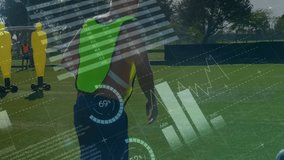 Financial data and analytics animation over people playing golf on sunny day. finance, recreation, leisure, technology, statistics, outdoor - Powered by Shutterstock - Get 15% off with code: PIKWIZARD15