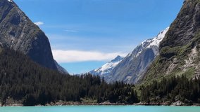 Passing shot of Tracy Arm fjord, midday in June, southeastern Alaska. Ship view of tidewater shoreline, edge of temperate rainforest, steep cliffs along valley, and distant mountain peak above ice. - Powered by Shutterstock - Get 15% off with code: PIKWIZARD15
