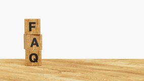 Frequently Asked Questions. FAQ on 3D wooden cubes with copy space for text. Ask, questions and answer, session concept. 4k 3d animation - Powered by Shutterstock - Get 15% off with code: PIKWIZARD15