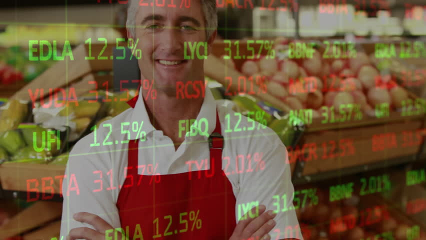 Stock market data animation over smiling man in grocery store. Economy, finance, trading, investment, technology, business - Powered by Shutterstock - Get 15% off with code: PIKWIZARD15