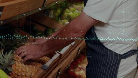Data processing animation over elderly man selecting produce in grocery store. Shopping, technology, analysis, market, software, statistics - Powered by Shutterstock - Get 15% off with code: PIKWIZARD15