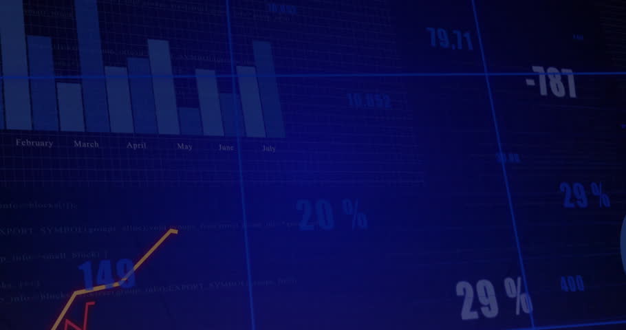 Stock market data animation over power lines and electrical grid. Finance, technology, electricity, infrastructure, trading, analysis