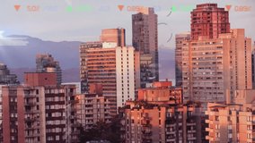 Cityscape with skyscrapers and mountains over financial data processing animation. urban, skyline, economy, technology, business, investment - Powered by Shutterstock - Get 15% off with code: PIKWIZARD15