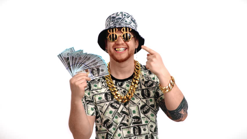 Rich man rejoicing by lottery win or successful business deal, portrait of person with dollars cash. Happy millionaire demonstrating dollars banknotes, medium shot in white background, money maker