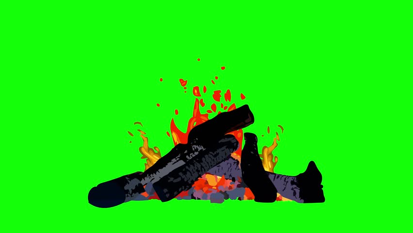 Loop burning vector animated campfire on green screen, chromakey	
