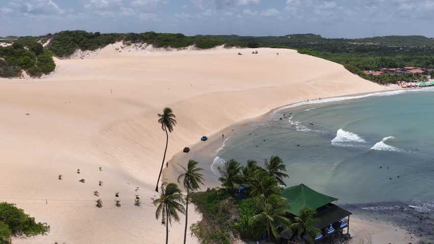 Genipabu Beach At Extremoz Rio Grande Do Norte Brazil. Stunning Tropical Coastline Beach Scene Viewed From Above. Island Life Skyline Idyllic Beauty Background.
