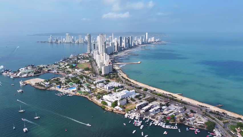Cartagena Skyline At Cartagena De India Bolivar Colombia. Birds Eye View Of Stunning Paradise Beachfront Landscape. Infrastructure Landscape High Rise Building Beauty.