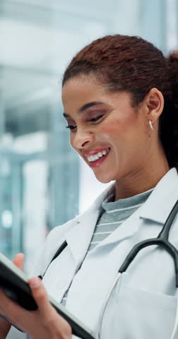 Woman, doctor and tablet with smile, happy and online for testing lab results for patient. Good news, research and female person for report on cancer treatment, medicine and internet for information