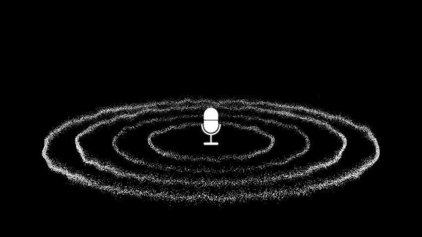 Next to the microphone are sound waves in the black background. Podcast animation with white particles. Intro or motion graphics for radio, broadcast, entertainment, network, technology theme.