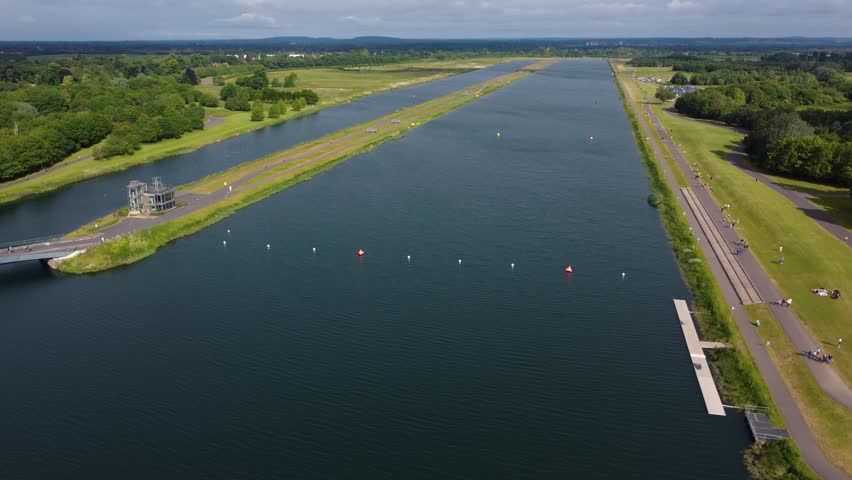 Drone shot of Triathlon at Dorney lake, triathletes cycling and competing on the track