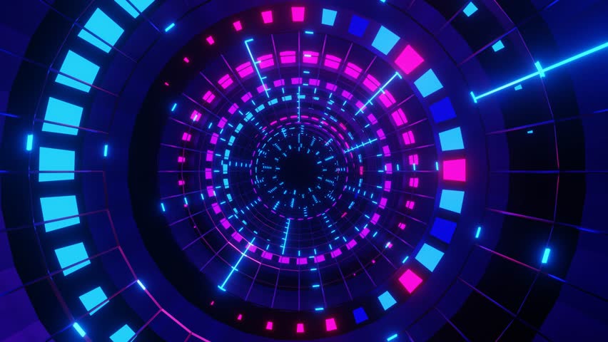 An abstract animated illustration of blue-purple neon cylindrical futuristic tunnel, visual art for music