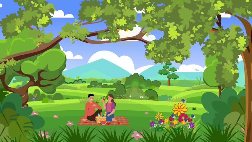 A charming and vibrant 2D illustration of a man and woman enjoying a delightful picnic in a picturesque garden. The scene is filled with lush greenery, colorful flowers, and a serene atmosphere. 