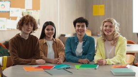 Portrait happy smiling carefree cheerful friends education high school university Caucasian girls guys boys female male students schoolboys schoolgirls together studying learning smile at camera - Powered by Shutterstock - Get 15% off with code: PIKWIZARD15