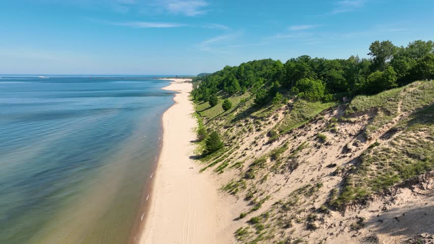 Panning to the shoreline of the Great lake, Lake Michigan.