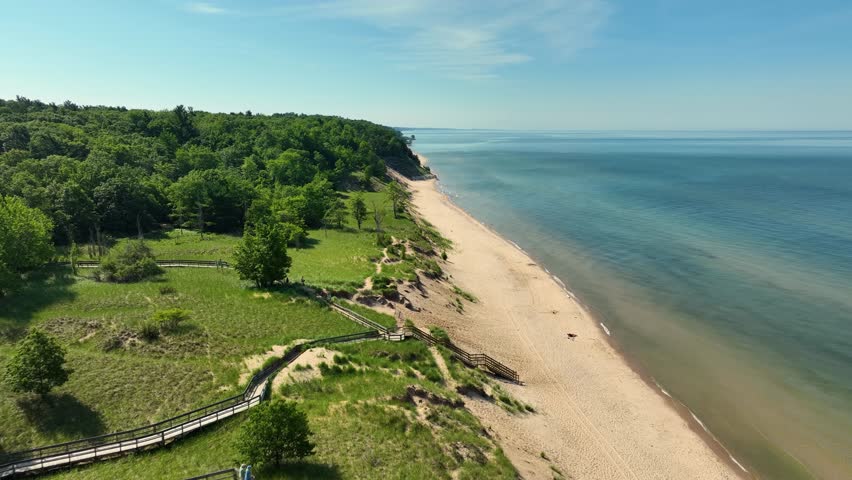 South looking aerial along Lake Michigan.