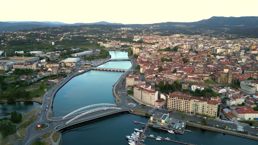 View from above of old town center of Pontevedra. Panoramic view of the city center. Historic and medieval city situated in Galicia, Spain, visited annually by many foreign tourists. Travel 