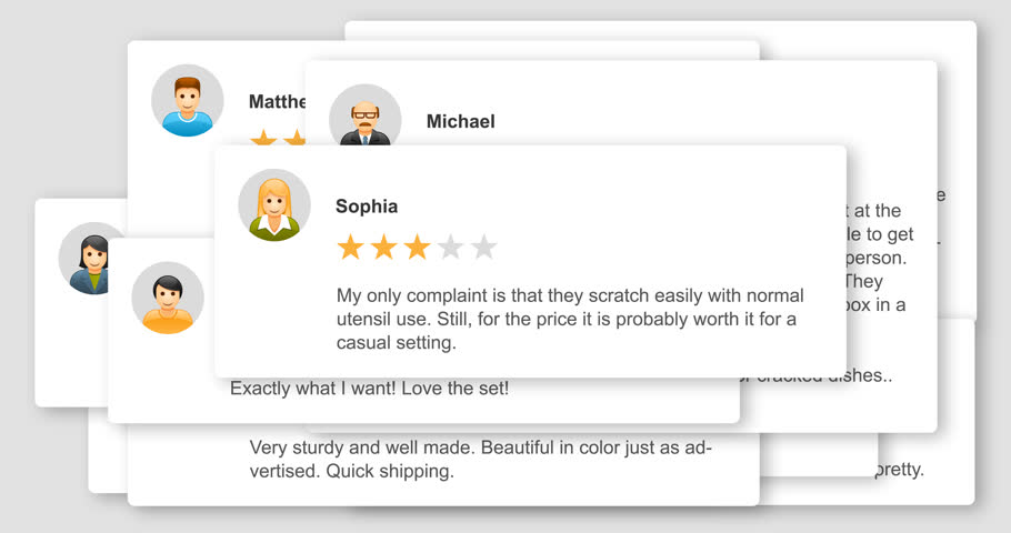 Appearing of card with customer reviews and rating, product or services testimonials overlapping banners, users feedback plates, footage