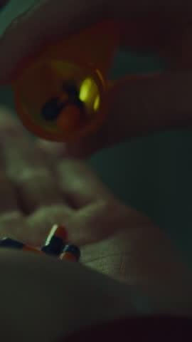 Vertical monitor. Under the light of a night lamp, a Caucasian man follows the instructions of a psychotherapist, pouring pills from an orange bottle into his palm. Part of his therapy for depression
