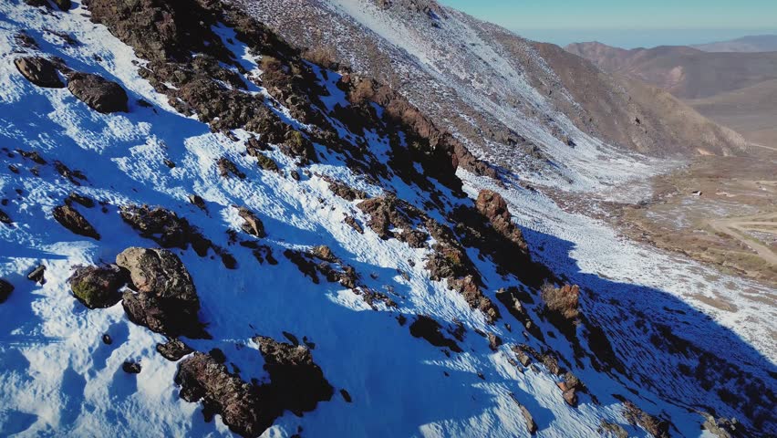 Snowy mountain valley in Mendoza, Argentina. Sweeping aerial vista.