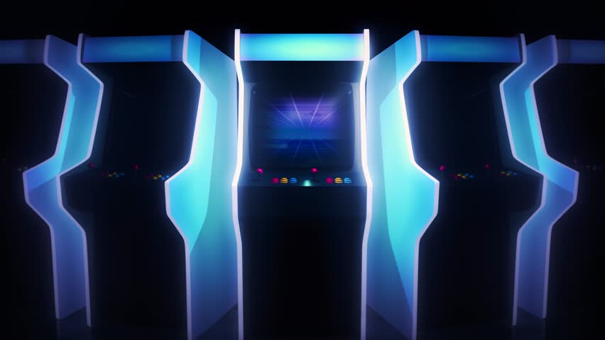 Arcade game machine intro. 3D motion graphics, animation template. Zoom in to the screen of a videogame, with a retro, neon aesthetic