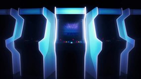 Arcade game machine intro. 3D motion graphics, animation template. Zoom in to the screen of a videogame, with a retro, neon aesthetic - Powered by Shutterstock - Get 15% off with code: PIKWIZARD15