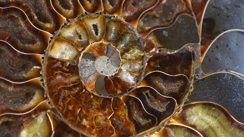 Nautilus shell section, Ammonite fossil shell rotation backdrop. Ancient macro abstract texture Background. Polished ammonite fossil shell with mineral crystals. Closeup 