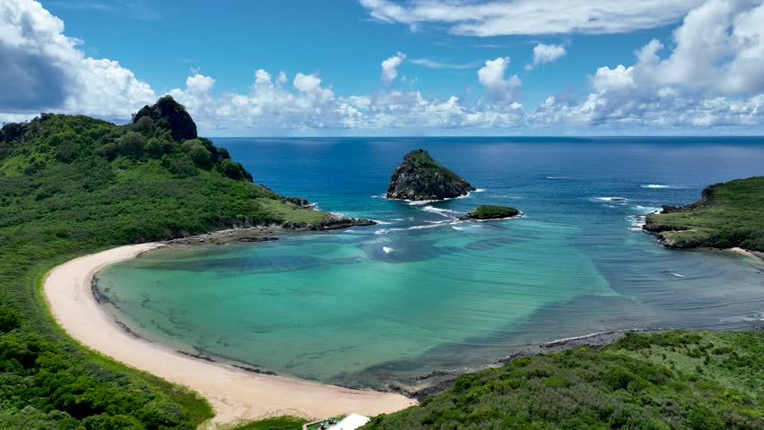 Sueste Bay At Fernando De Noronha Rio Grande Do Norte Brazil. Bird Eye View Of A Amazing Coastal Beach In The Summer Holiday. Holiday Skyline Season Beautiful. Season Watercolor Shore.