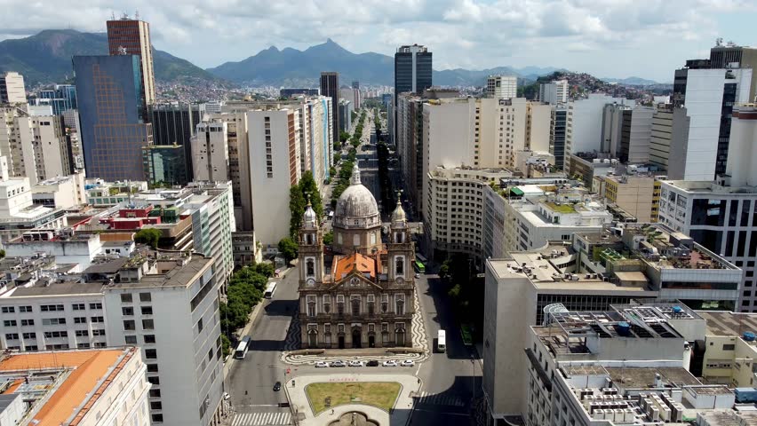 Calendaria Church At Downtown City Rio De Janeiro Brazil. Bird Eye View Of Church Standing Tall Amidst Beautiful Scenery. Metropole Landscape Buildings Busy. Urban Buildings Town.