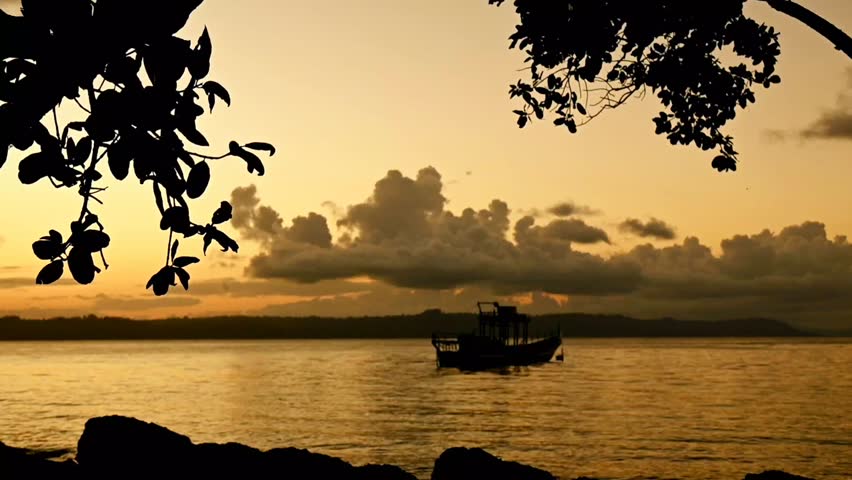 Silhouettes of trees and fishing boats on the beach at sunset