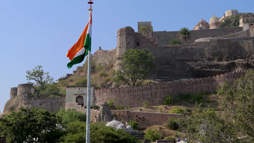 ancient fort artistic architecture with bright blue sky from unique perspective at morning video is taken at Kumbhal fort kumbhalgarh rajasthan india.
