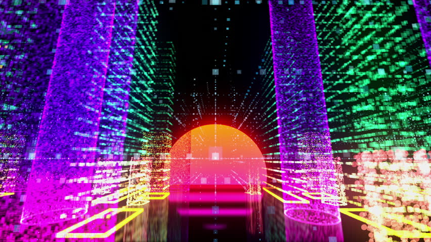 Moving through Cyberpunk glowing neon city with sunset, street of skyscrapers. Background for digital products, applications, neural networks, retro clip 80s style