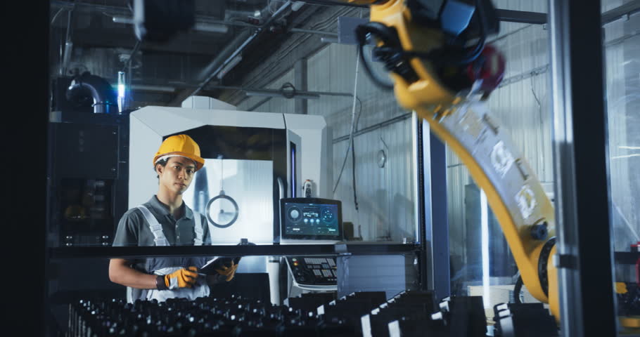 Young Asian Male Technician in a Yellow Hard Hat Operates a Robotic Arm with a Tablet Computer Software in an Advanced Manufacturing Plant. Metal Industry Specialist Performing Tasks at Work