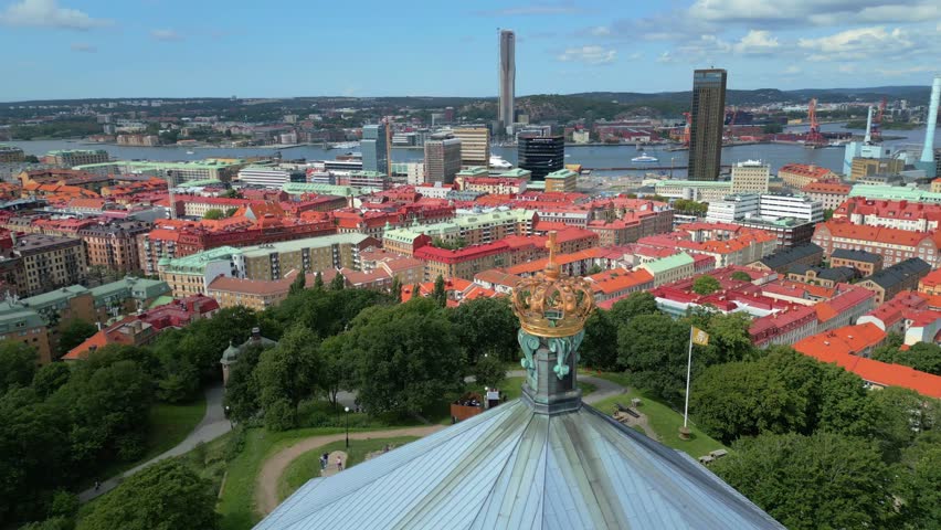 Skansen Kronan, Gothenburg, Sweden. Stone Fortification building Skansen Krona exterior Wall and Golden Crown near Haga residential area, Gothenburg sweden. Areal shot of the golden crown on top