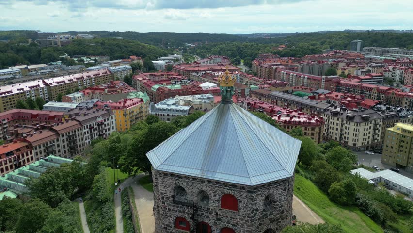 Skansen Kronan, Gothenburg, Sweden. Stone Fortification building Skansen Krona exterior Wall and Golden Crown near Haga residential area, Gothenburg sweden. Areal shot of the golden crown on top