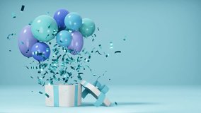 Colorful balloons and confetti flying from gift box. Anniversary celebration concept. 3D animation

 - Powered by Shutterstock - Get 15% off with code: PIKWIZARD15