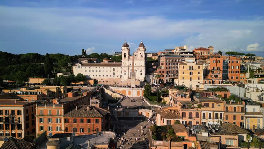 Cinematic Establishing Aerial Shot Above Rome's Spanish Steps in Historic City Centre