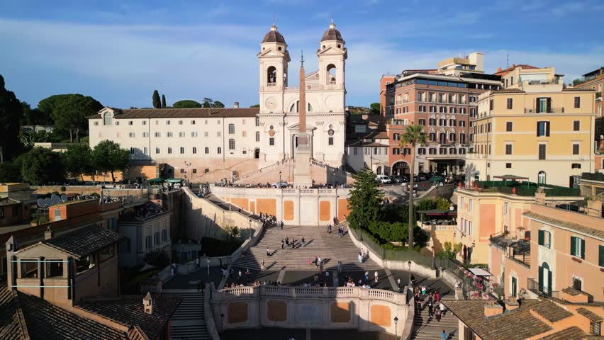 Cinematic Pull Out Drone Shot Reveals Rome's Famous Spanish Steps. Historic City Centre
