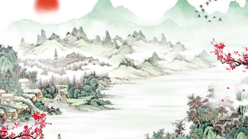 Peaceful nature Traditional Chinese style retro ink landscape plum blossom animation Painting of beautiful calm trees, mountains, flowers, lake, water, birds, blue sky, boat, cherry blossoms season