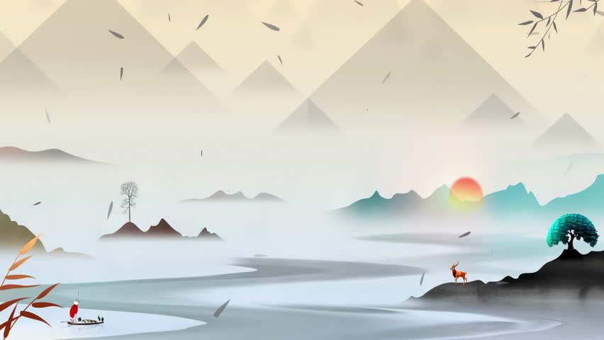 Fantasy bright ambience small village landscape of beautiful morning sky, mountains, flowers, lake, ancient house with simple animation in Japanese Chinese anime watercolour style.